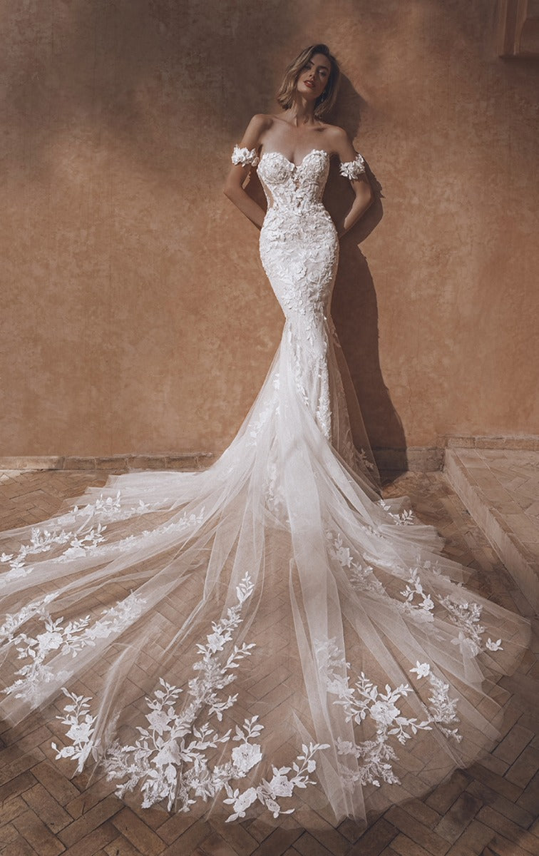 enzoani wedding dress Bridal Dresses Enzoani Tracie Is a Romantic Lace Fit and Flare Wedding Dress With a Shaped Sheer Lace Train! Blue by Enzoani | TK