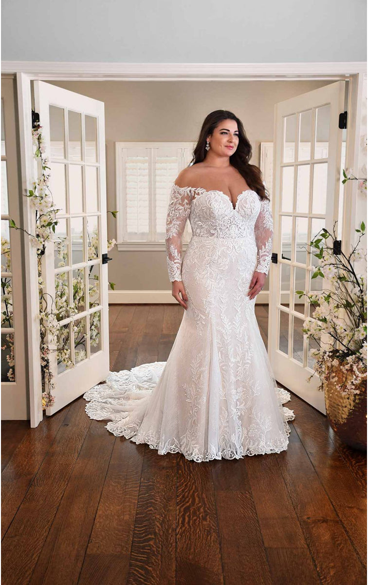 graphic lace wedding dress Bride Long Sleeve Floral Lace Dress Floral Lace Illusion Sleeve Plunging A-Line Wedding Dress